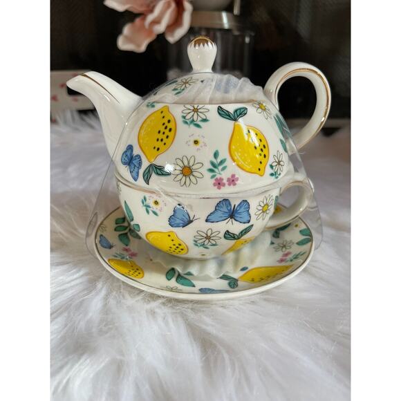 Grace's Teaware Lemons & Blue Butterflies Stacking Teapot & Teacup and Saucer - Picture 1 of 10